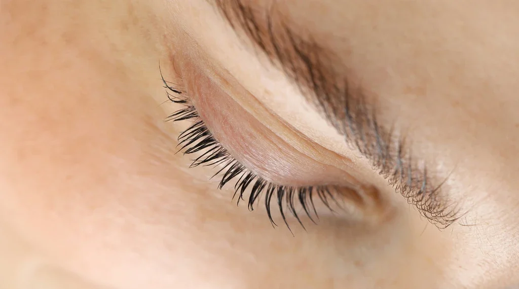 Természetes hatású szempillák csukott szemen, finom és ápolt megjelenéssel.